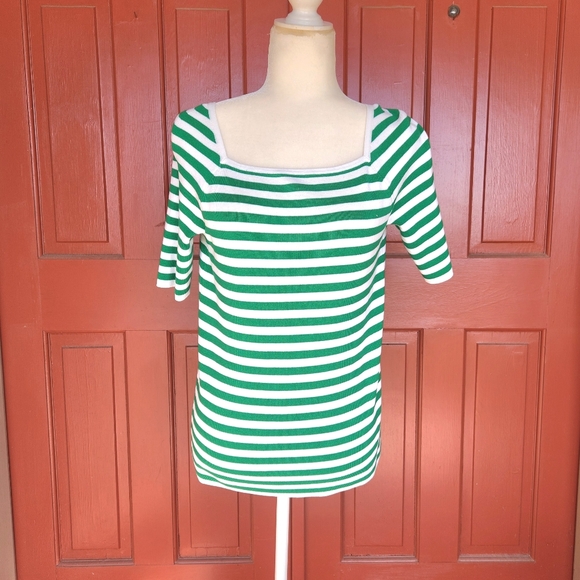 NWT Talbots green and white striped square neck short sleeved sweater MP - Picture 2 of 10